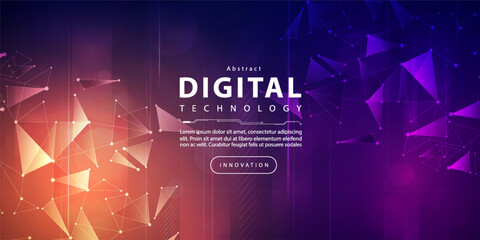 Digital technology futuristic big data orange purple background, cyber nano information, abstract communication, Ai innovation future tech data, internet network speed connection line dot illustration