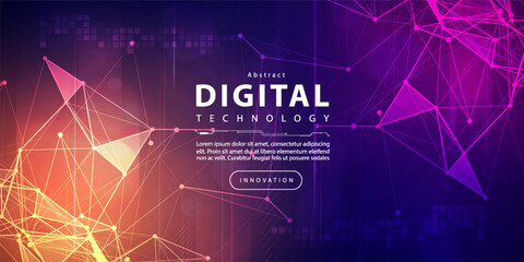 Digital technology futuristic big data orange purple background, cyber nano information, abstract communication, Ai innovation future tech data, internet network speed connection line dot illustration