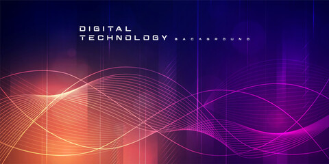 Digital technology futuristic big data orange purple background, cyber nano information, abstract communication, Ai innovation future tech data, internet network speed connection line dot illustration