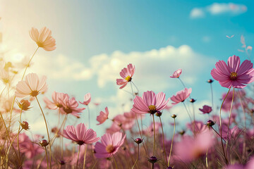 vintage landscape nature background of beautiful cosmos flower field on sky with sunlight in spring.