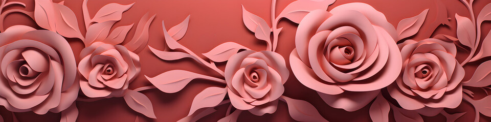Wall Mural - paper cut craft rose flowers background banner