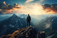 Man Standing On Top Of The Mountain And Looking Into The Distance, A Lonely Man Enjoys The View Of The Summer Mountains While He Standing On A Mountain Peak, AI Generated