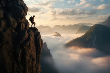 Canvas Print - Silhouette of a man climbing a cliff in the morning mist, Concert crowd in front of bright stage lights. 3D Rendering, A live event, such as a concert or halftime show, AI Generated