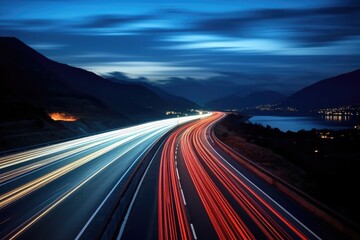 Wall Mural - highway with car light trails in modern city at night. long exposure, A long exposure photo of a highway at night, AI Generated
