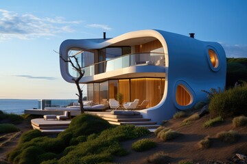 Sticker - 3D render of a modern house on the beach at sunset, A creatively designed house by the seaside!, AI Generated