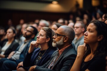 Poster - Speaker at Business Conference and Presentation. Audience at the conference hall. Business and Entrepreneurship, A diverse audience listening intently to a keynote address, AI Generated