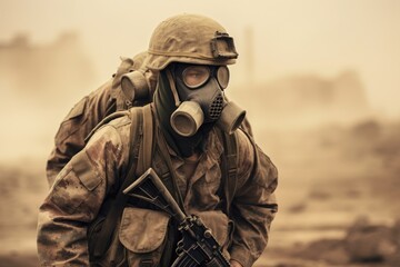 Wall Mural - Soldier in gas mask with machine gun on war foggy background, A military soldier carrying another soldier on his shoulder on a battlefield, face covered with a mask, AI Generated