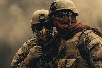 Wall Mural - Special forces soldiers with assault rifle and helmet in smoke. Selective focus, A military soldier carrying another soldier on his shoulder on a battlefield, face covered with a mask, AI Generated