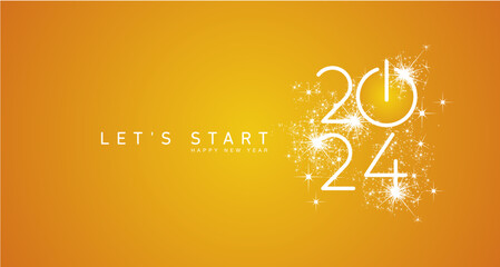 Wall Mural - Start of Happy New Year 2024 white shining glitter stars rounded typography orange yellow background banner with turn on button icon