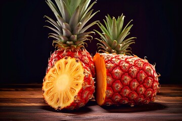 Wall Mural - Ripe juicy cut pineapple fruit on wooden table. Tropical fruits on a black background