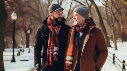 Poster - romantic male couple,two gay men have conversation,walk in the park 