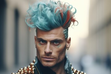 Sticker - A man with blue hair and a spiked mohawk hairstyle. This image can be used to depict a unique and edgy style