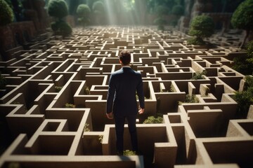 Wall Mural - A man wearing a suit stands confidently in the center of a maze. This image can be used to represent problem-solving, decision-making, or finding one's way through challenges