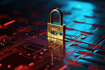 Wall Mural - A golden padlock is pictured sitting on top of a circuit board. This image can be used to represent concepts such as security, technology, encryption, or data protection