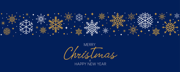 Wall Mural - luxury christmas card with snowflakes border and glitter sparkles in gold and silver colors on backg