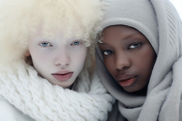 beauty portrait of two women outside on a winter day