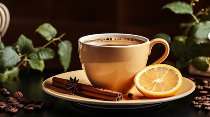 Black coffee with lemon. Ceramic cup with hot drink and fruit flavor. Banner with copy space