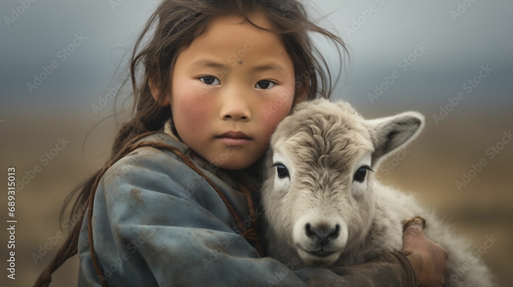 AI-generated illustration of a young Mongolian girl cradling a fluffy ...
