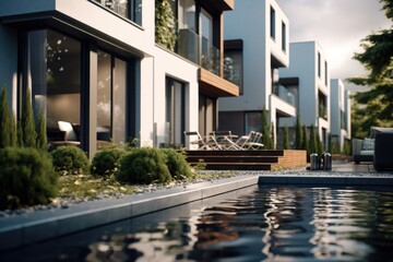 Canvas Print - A building with a pool in front of it. Perfect for real estate and architecture themes