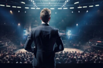 Wall Mural - A professional man in a suit stands confidently in front of a large crowd. This image can be used to represent leadership, public speaking, or presenting to an audience