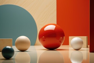 Sticker - A group of balls and wooden blocks arranged on a table. This versatile image can be used for various purposes