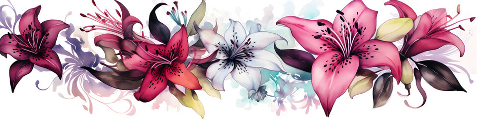 Wall Mural - ink and water sketch of lily flowers background banner