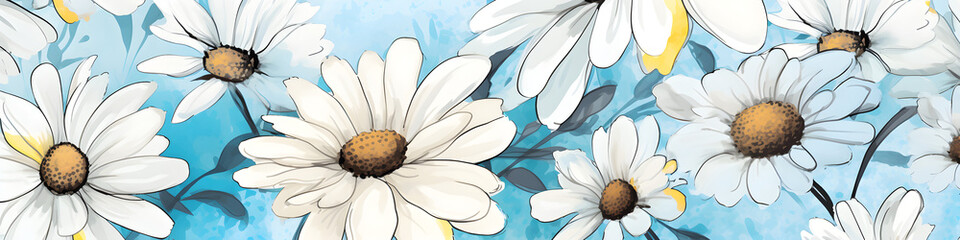 Wall Mural - ink and water sketch of daisy flowers background banner