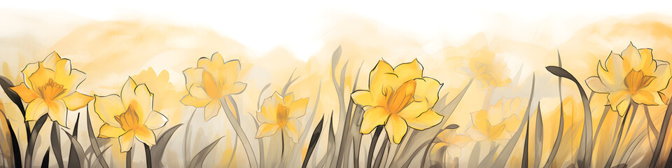 Wall Mural - ink and water sketch of daffodil flowers background banner