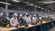 © ASN Creation - A group of factory workers standing around a long table. They are all wearing hard hats and safety masks.
