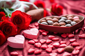 Wall Mural - Chocolates in a heart shaped box and roses on a red background