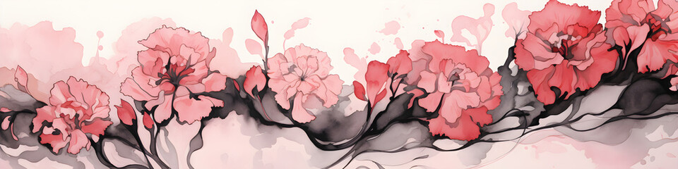 Wall Mural - ink and water sketch of carnation flowers background banner