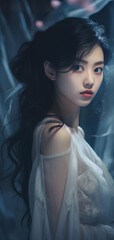 Wall Mural - Attractive seductive Asian woman with makeup and elegant vintage ethereal dress posing in a garden. Light and glamorous portrait of a female in fairy fashion. Horror and fantasy concept