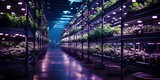 Fototapeta  - Harvest theme in vertical farming, plants grow on special shelves in optimal conditions.