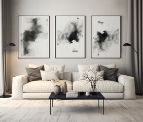 a black and white living room with two framed posters,