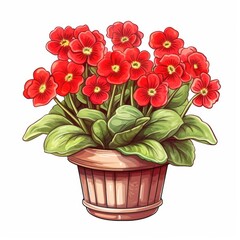 Wall Mural - A potted plant with red flowers on a white background, primrose flower pot., primrose flower pot.