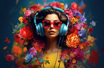 Wall Mural - a lady with headphones on and colorful flowers,