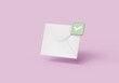 3d mail, email, letter, envelope with bubble correct checkmark icon. realistic new message envelope isolated on pink pastel background. E-mail newsletter concept.3d render illustration.