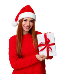 Poster - Young woman in red sweater and Santa hat with Christmas gift on white background