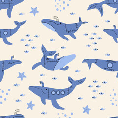 Wall Mural - Submarine Whales. Vector colored childish seamless pattern with whales in scandinavian style. Cute kids background