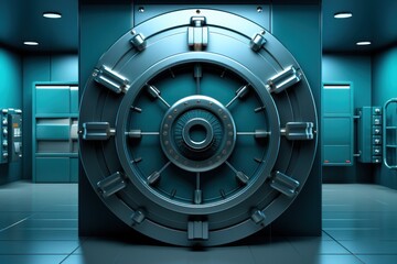 Bank vault realistic composition with view of safe storage entrance with massive circle shaped locking door