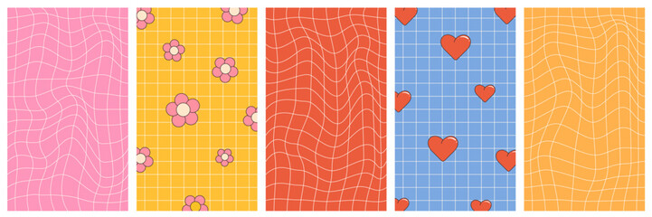 Wall Mural - retro groovy backgrounds and posters. trendy checkered backgrounds and with hearts and flowers. vibe