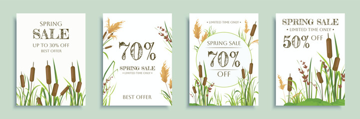 Aufkleber - Spring sale cover brochure set in flat design. Poster templates with discount promotions and special offer cards with reed plants and rushes foliage, fresh grass and cattails. Vector illustration.