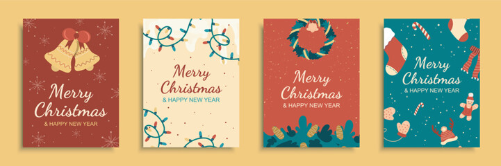 Wall Mural - Merry Christmas 2024 cover brochure set in flat design. Poster templates with bells with bow, garland lights, wreath with pine cones and xmas decor, festive, socks and candies. Vector illustration.