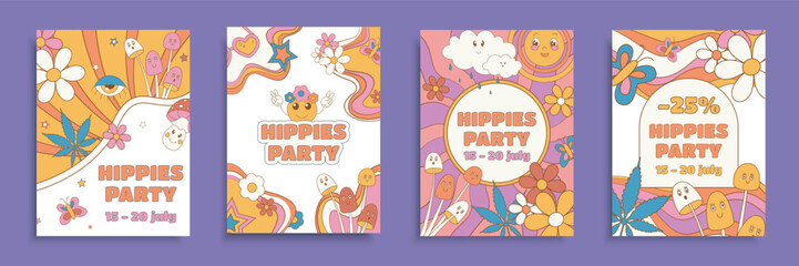 Wall Mural - Hippies party cover brochure set in flat design. Poster templates with romantic retro groovy style of 60s 70s with daisy, mushrooms, sun, flowers and other colorful funny elements. Vector illustration