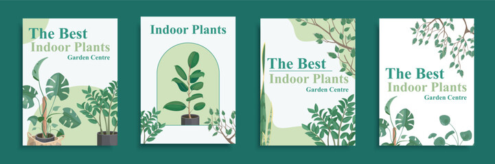Canvas Print - Indoor plants cover brochure set in flat design. Poster templates with house potted greenery, monstera, ficus, fern and other urban jungle elements for home or office interior. Vector illustration