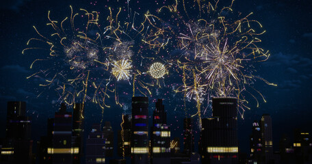 Brightly colorful fireworks in big city on blue dark sky