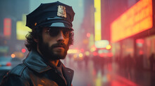 Gritty 1970's NYPD Police Officer. A Million Crime Stories In The Big Apple NYC. In The Style Of A Panoramic Movie Still.