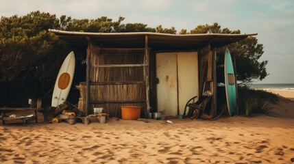 Sticker - a small cabin is sitting on the shore with surfboards underneath,