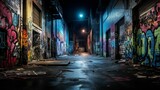 Fototapeta Fototapeta uliczki - Image of a dark alley with graffiti on the walls.