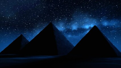 Wall Mural - view of three pyramids in the desert at night with a moving sky of stars and the milky way in the ba
